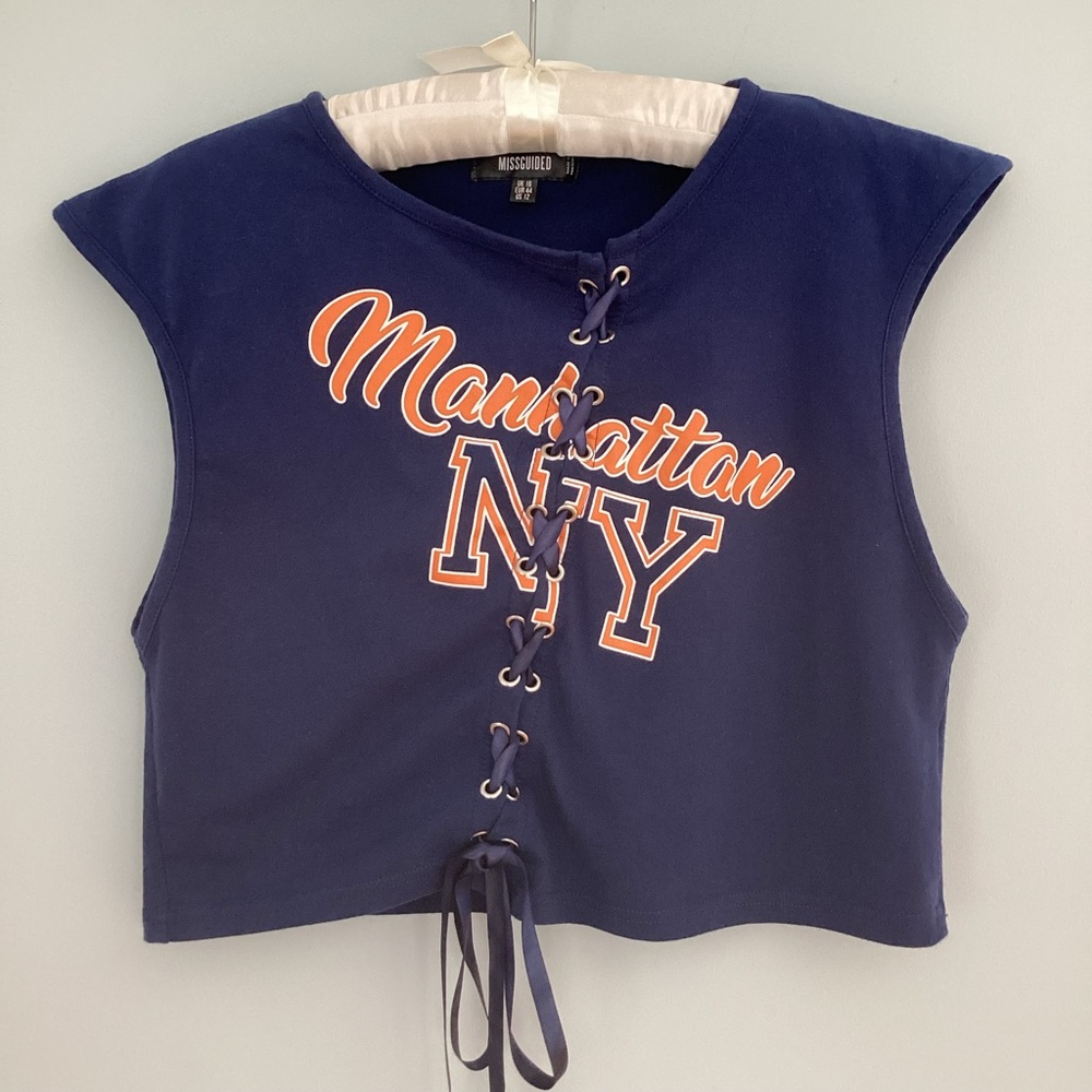 Missguided Navy Manhattan NY Laced Up Cap Sleeve Asymmetrical Crop Top Si…